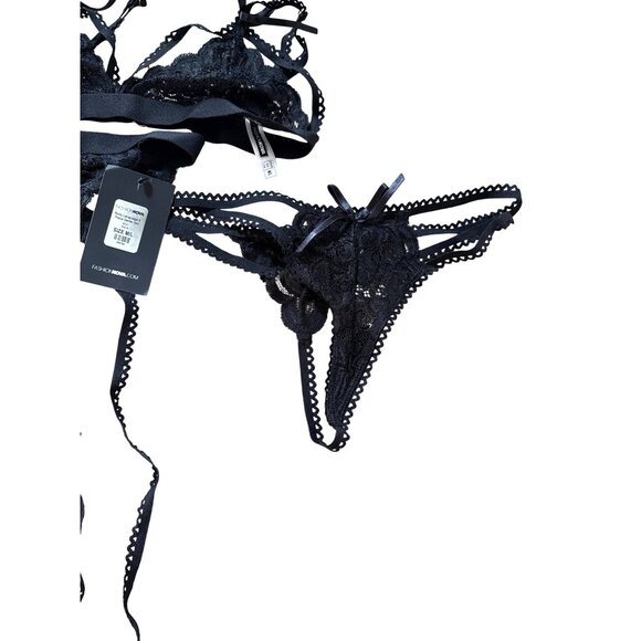 Fashion Nova Black Lace 3-Piece Lingerie Set With Heart Details Includes Bra Tho - Picture 8 of 11